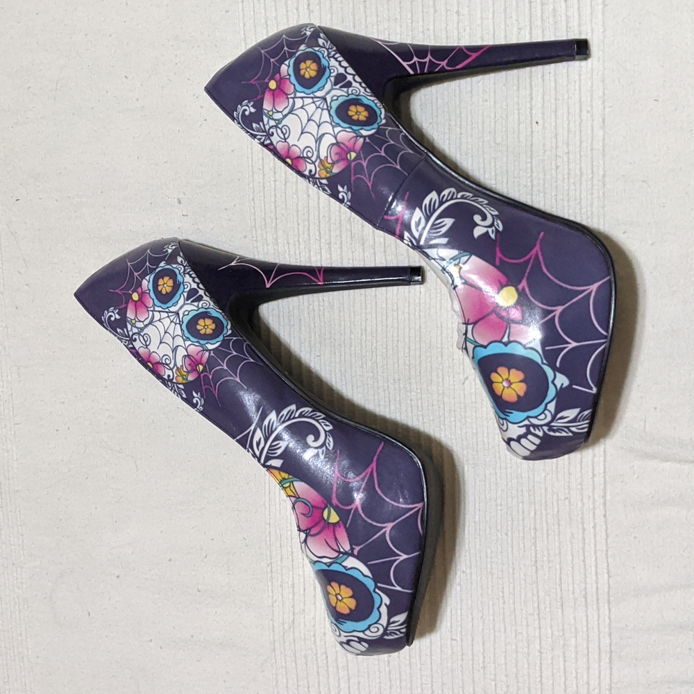 Too Fast Sugar Skull & Spiderweb Heels - Sz 9